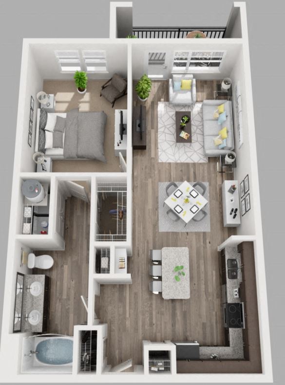 Floor plan for 1 bed, 1 bath, 832 sqft